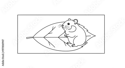 Cute Hamster Sitting on a Large Leaf, Black and White Line Drawing