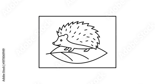 Cute Hedgehog Sitting on a Leaf, Minimalist Line Art, Autumn Theme