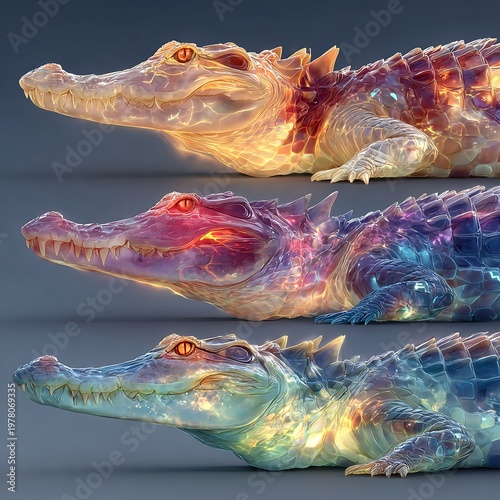 Futuristic glowing crocodiles with transparent body illustration set
