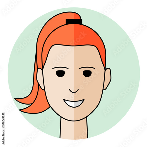 Woman face avatar with ginger hair and smiling expression in circular frame. Female character portrait for user profile, social media, and client support icon.