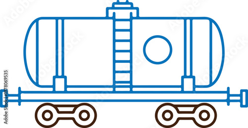 Blue outline of railroad tank car for transporting liquids chemicals or fuel in simplified style