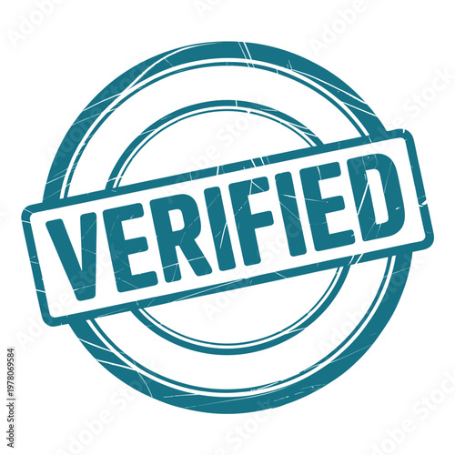 A teal circular stamp displaying the word verified in bold distressed lettering