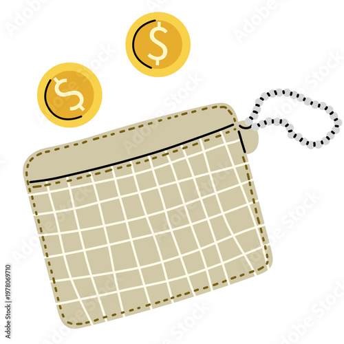 Beige coin purse with grid pattern and coins, modern wallet illustration, small zipper pouch, flat vector accessory isolated on white background
