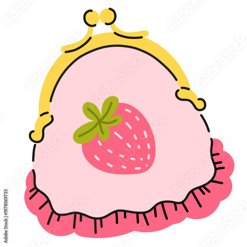 Cute coin purse with strawberry design, kawaii wallet illustration, small feminine pouch with clasp, hand drawn flat vector isolated on white background