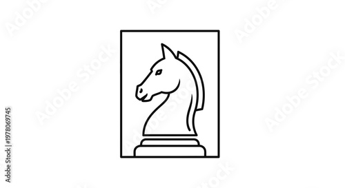 Black and white line art icon of a chess knight piece within a rectangle