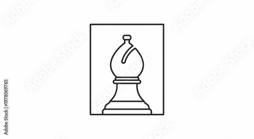 Black and white line art icon of a chess bishop piece inside a square frame