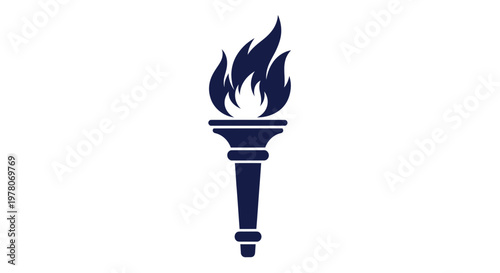 Dark blue torch with flame on white background, symbol of knowledge, victory and freedom