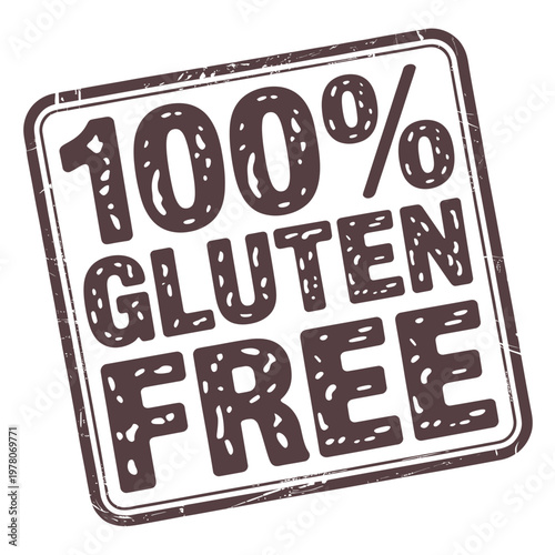 A distressed stamp declaring the product is one hundred percent gluten free