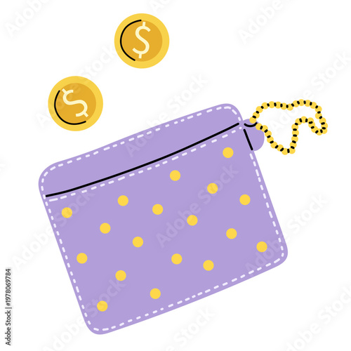Hand drawn cute coin purse with polka dots and zipper, small wallet with coins, feminine accessory illustration, flat minimal vector isolated on white background