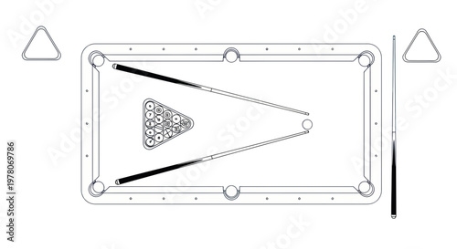 Billiard Table with Balls and Cues, Top View Outline Drawing