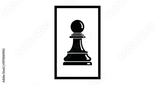Black pawn chess piece in a minimalist frame, strategic game icon, isolated on white background