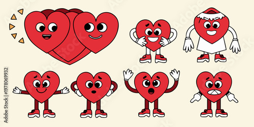 Cartoon hearts with faces and limbs express various emotions playfully
