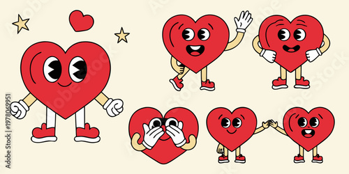 Animated hearts with faces and limbs displaying various affectionate gestures