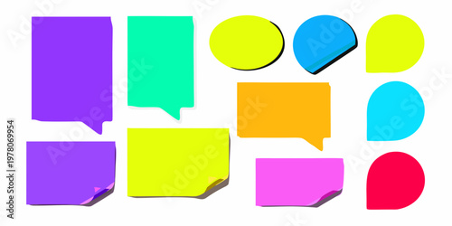 Collection of brightly colored overlapping speech bubbles and sticky notes