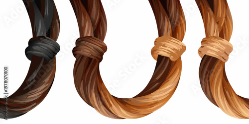 Three braided strands of hair with knotted sections isolated on white