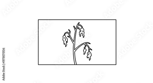 Wilting Plant Branch with Drooping Leaves, Black and White Line Art Illustration