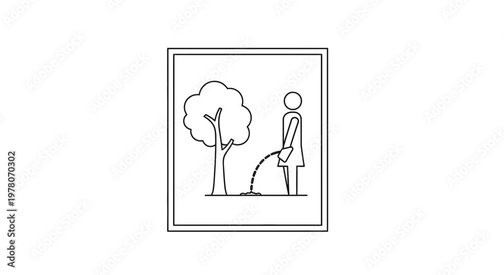 Fototapeta premium Woman urinating on tree, outdoor, nature, public urination, illegal act, simple line art
