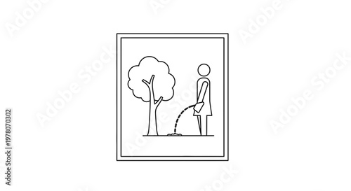 Woman urinating on tree, outdoor, nature, public urination, illegal act, simple line art