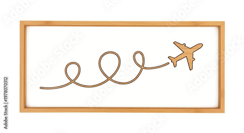 Wooden Airplane Toy with Twine Trail in Frame - Travel Concept