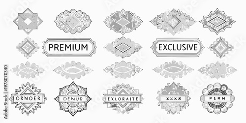 Collection of ornate vintage style badges and decorative flourishes