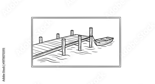 Wooden Pier and Rowboat on Calm Water - Black and White Illustration