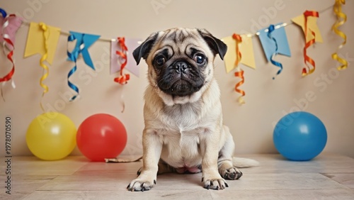 Young pug sitting on wooden floor with colorful balloons and festive banner