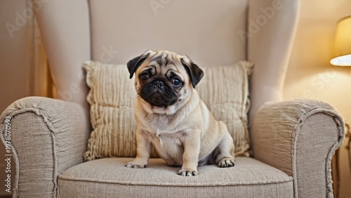 Small pug sitting on beige armchair looking at camera with lamp in background