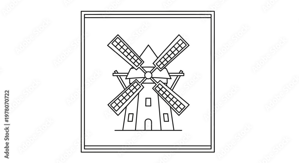 Fototapeta premium Vintage Windmill Icon Outline, Traditional Dutch Architecture, Rural Industry Symbol