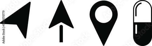 Black and white icons arrows location pin and capsules representing direction and medicine