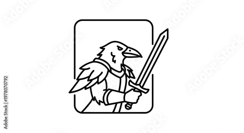 Warrior Raven Bird Character Holding Sword, Fantasy Creature Logo, Emblem, Icon
