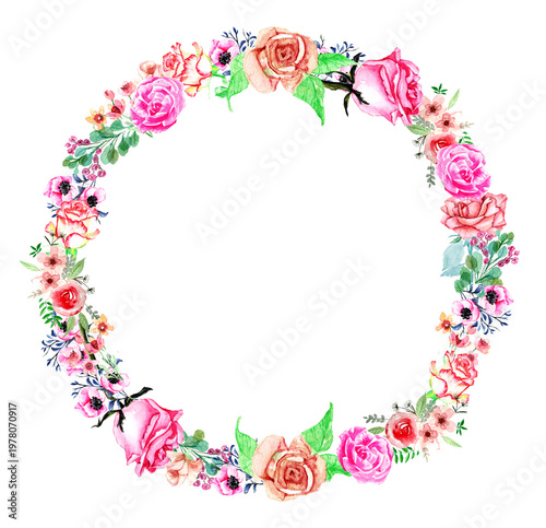 Cornice circolarecon rose e foglie in stile acquerello per inviti e decorazioni