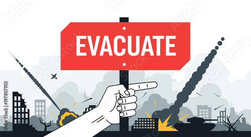 Evacuate Sign Amidst War Zone Cityscape with Military Conflict and Destruction
