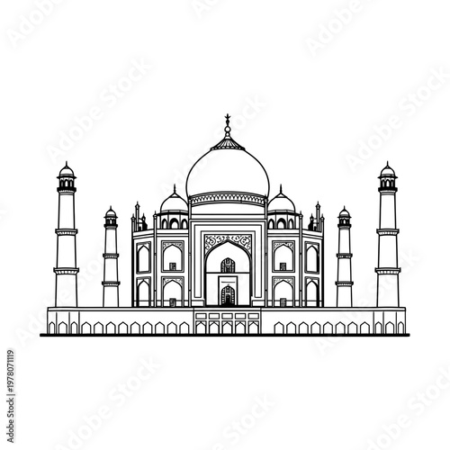 Taj Mahal Line Art Icon Indian Landmark Mughal Architecture Vector Illustration