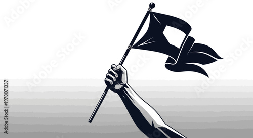 Fist holding black flag, protest symbol, raising banner, freedom concept