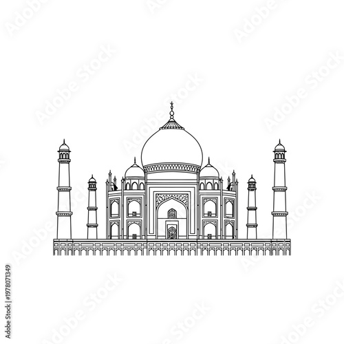 Taj Mahal Line Art Icon Indian Landmark Mughal Architecture Vector Illustration