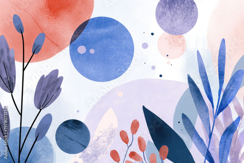 Abstract botanical illustration with colorful shapes and plants, modern artistic background, trendy design, copy space