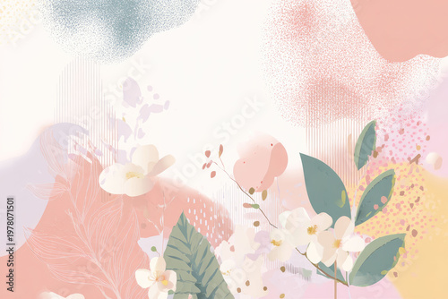 Abstract floral background with pastel shapes, leaves and flowers, modern minimal design, soft colors, copy space