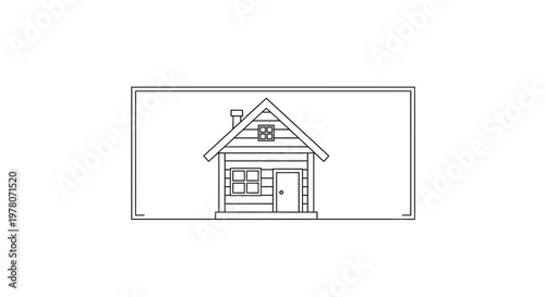 Simple Line Art Log Cabin House with Chimney and Windows