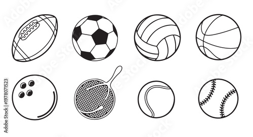 Sport equipment illustrations set with bowling ball tennis racket and soccer ball icons.