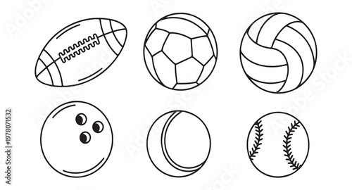 Set of sports balls icons for various games including football, soccer, volleyball, bowling.