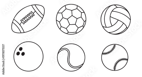 Set of sports balls icons for various games including football, soccer, volleyball, bowling.