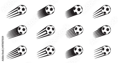 Flying soccer ball with motion trails set. football speed icon. vector illustration.
