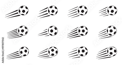 Flying soccer ball with motion trails set. football speed icon. vector illustration.