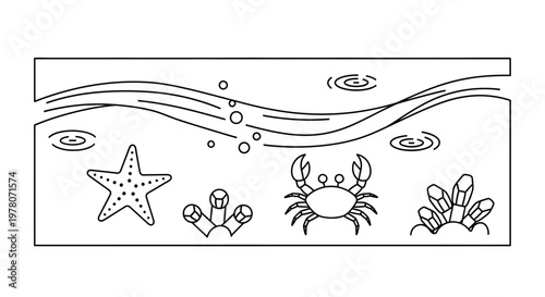 Simple Line Art Underwater Scene with Starfish, Crab, and Coral
