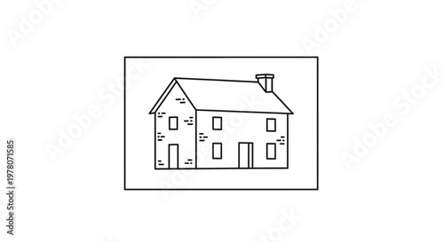 Simple Line Drawing of a Brick House with Chimney