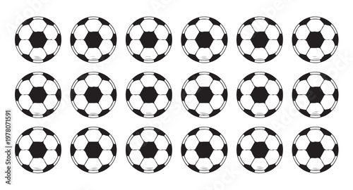 Group of soccer balls pattern on white background collection of sport equipment icons for design.
