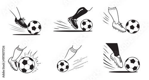 Set of black and white soccer player legs kicking ball isolated on white background.