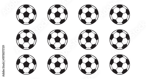 Set of isolated black and white soccer balls on white background, simple football icons.