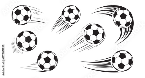 Flying soccer ball illustration set with creative motion trails and dynamic speed effects.