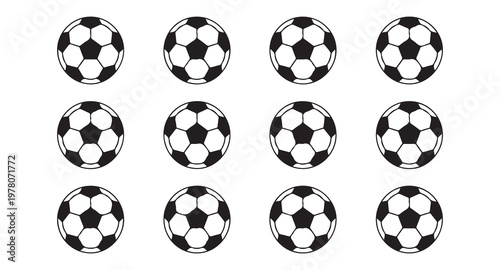 Set of isolated black and white soccer balls on white background, simple football icons.